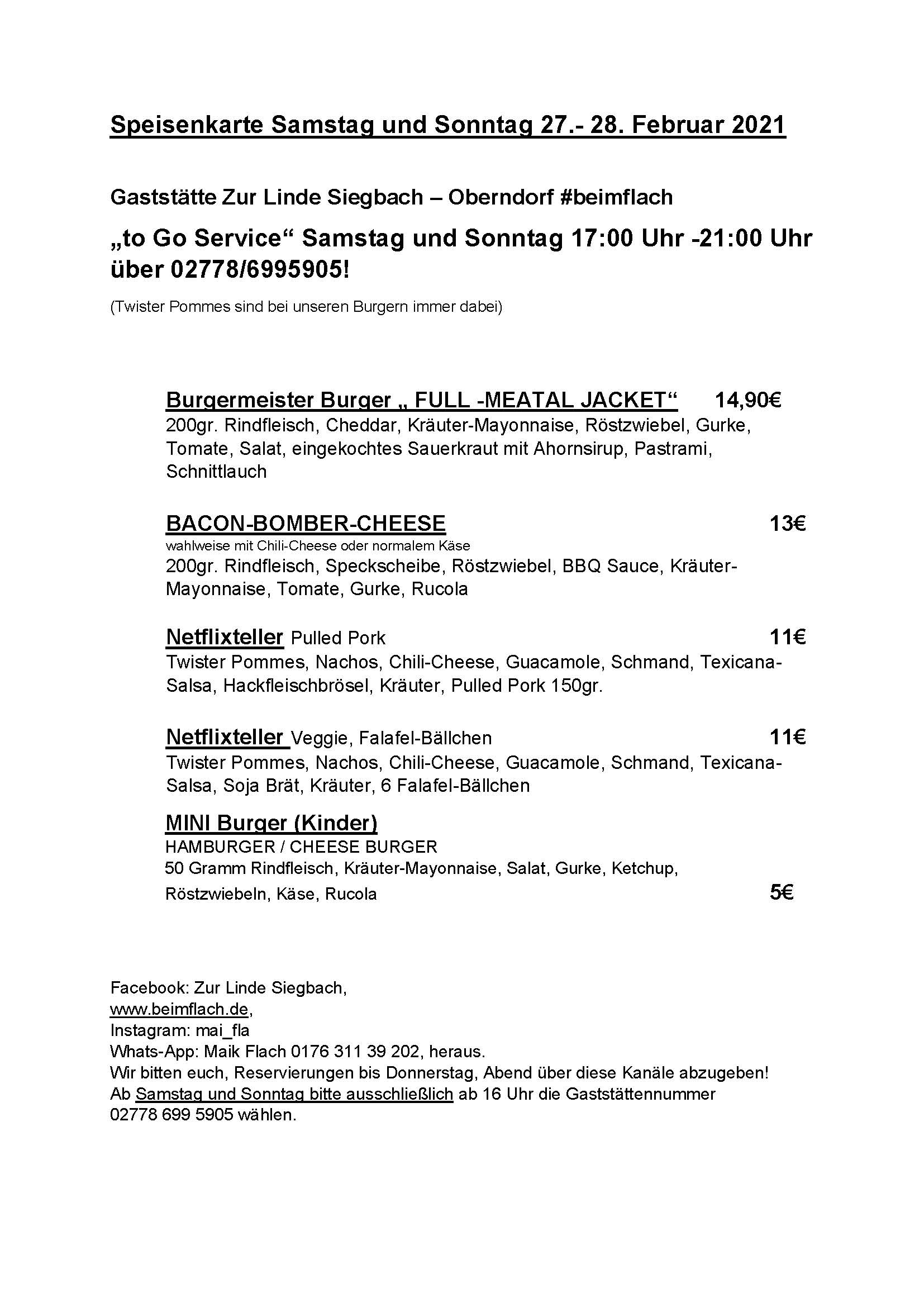 Speisekarte Samstag