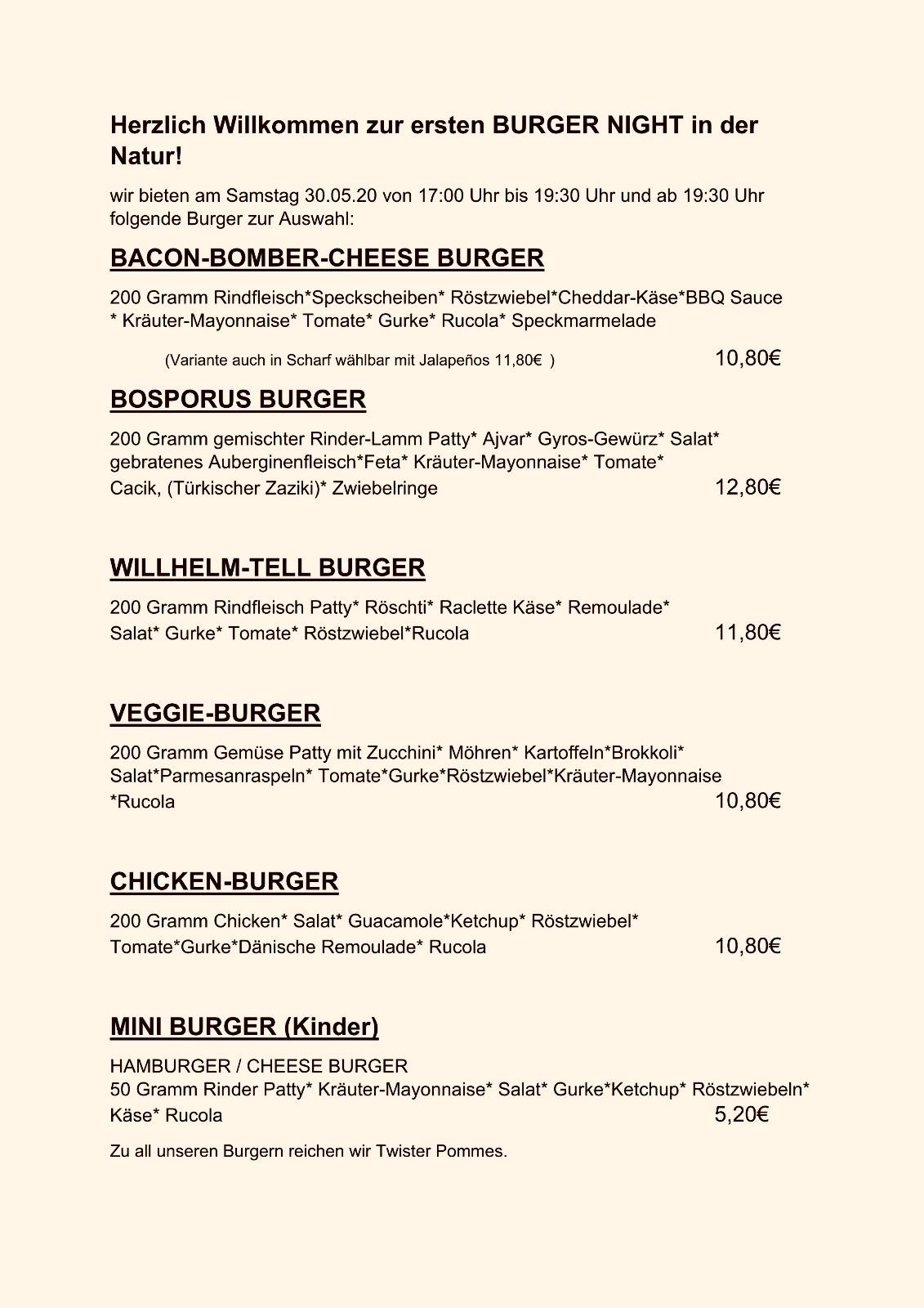 Speisekarte Burgernight